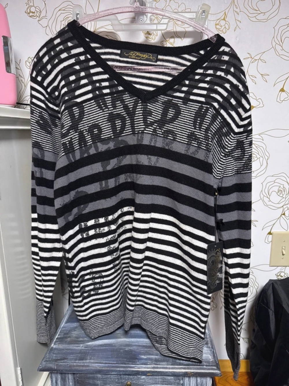 Ed Hardy Black, Gray & White Striped V-Neck Sweater